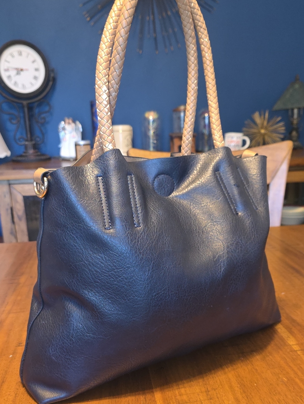 Classic Black Tote Bag with Braided Tan Handles - Picture 14 of 16